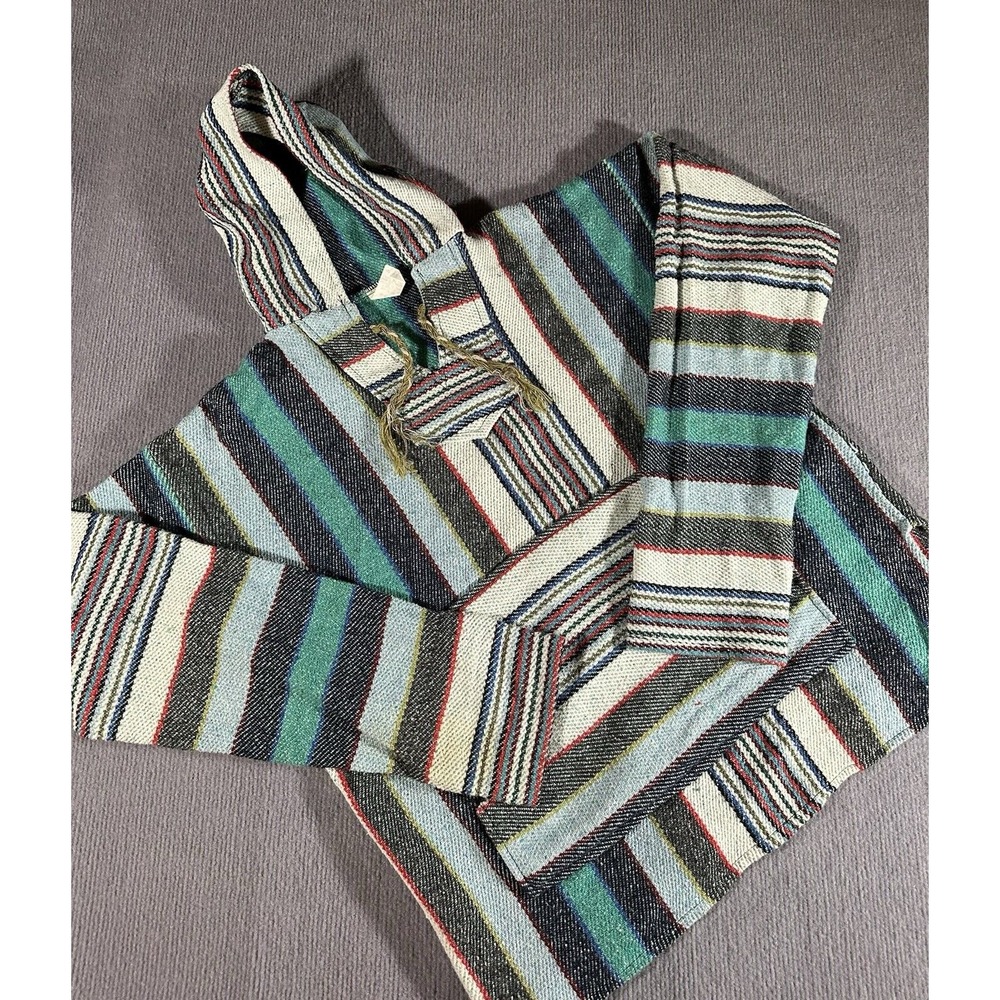 Molina Poncho Jacket Unisex Large L Green Striped Mexican Blanket Pockets‎